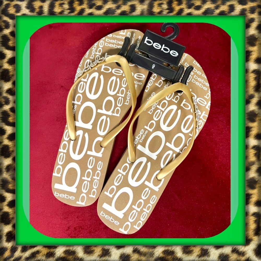 👑✅PRICE FIRM✅ Bebe Gold Flip Flops with Rhinestone Logo. Brand New!